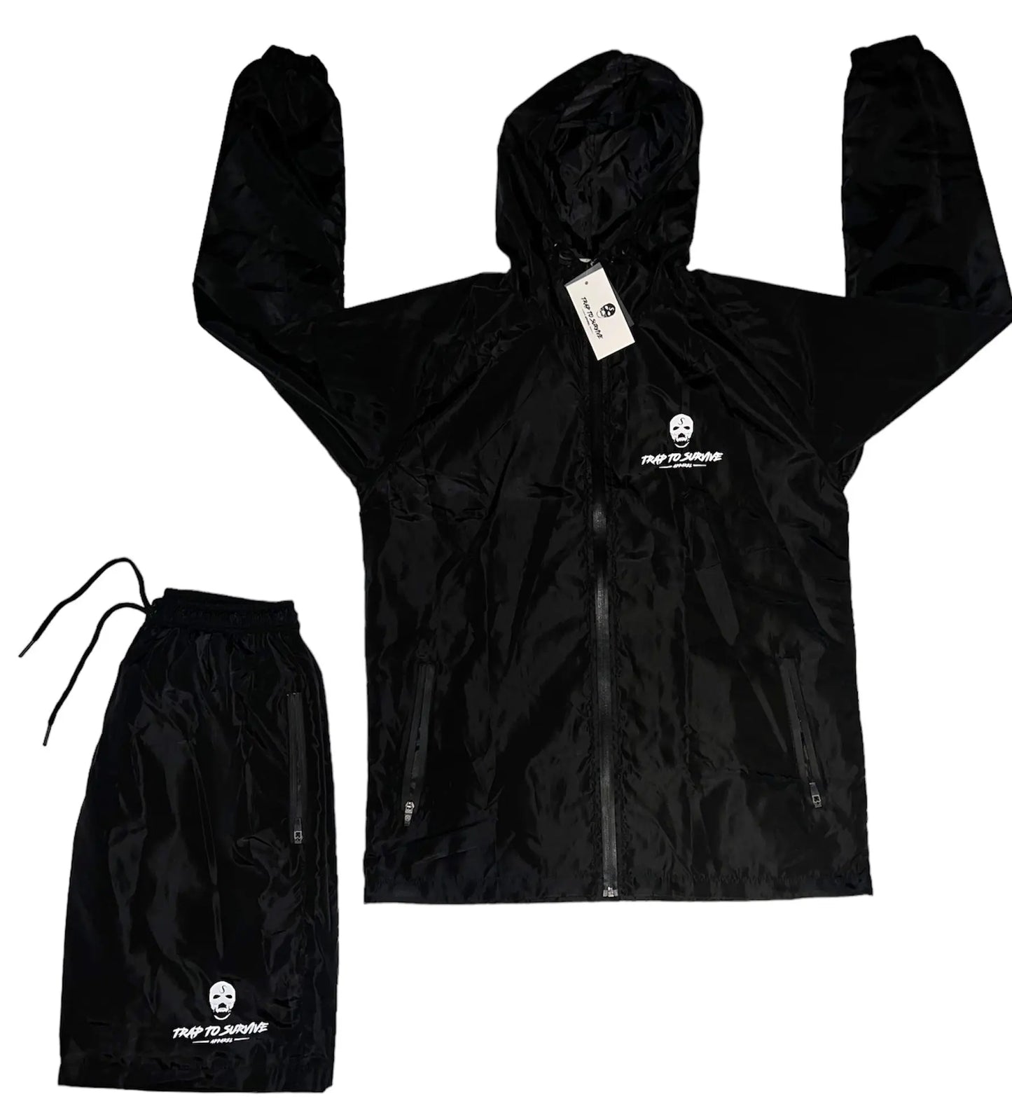 Black Windbreaker Short Set Trap To Survive Apparel