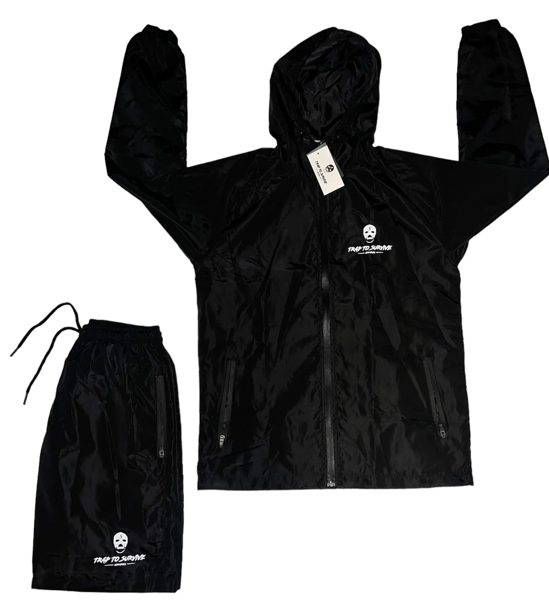 Black Windbreaker Short Set Trap To Survive Apparel